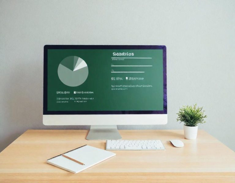 Monitor mit Diagramm und Daten, daneben eine Notiz und eine kleine Pflanze.
