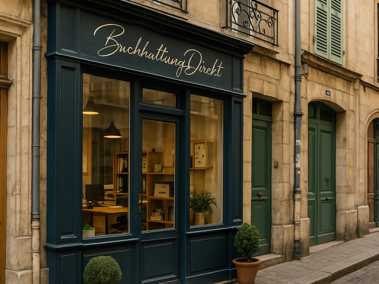 Geschäftsfront eines Buchladens mit grüner Fassade und großen Fenstern in einer engen Straße.