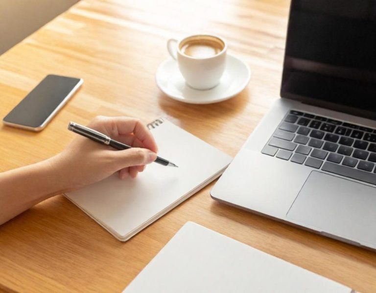 Eine Hand schreibt auf ein Notizblatt neben einer Tasse Kaffee und einem Laptop.