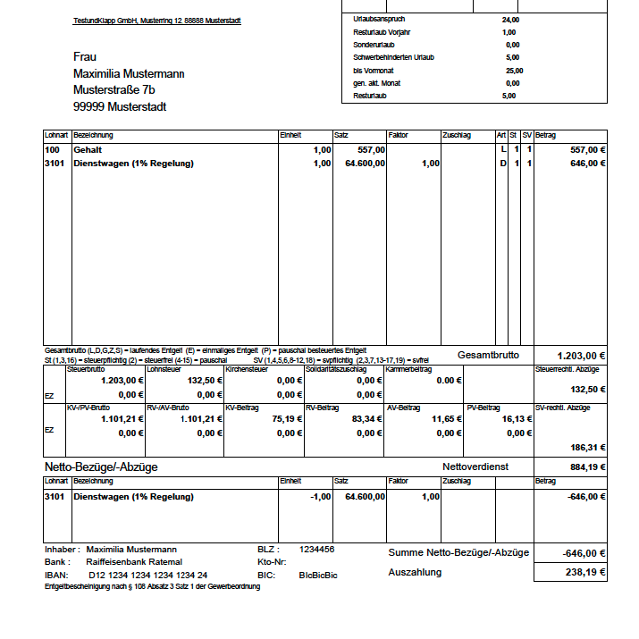 Rechnung mit verschiedenen Positionen und Gesamtsummen. Übersichtliche Tabellenstruktur.