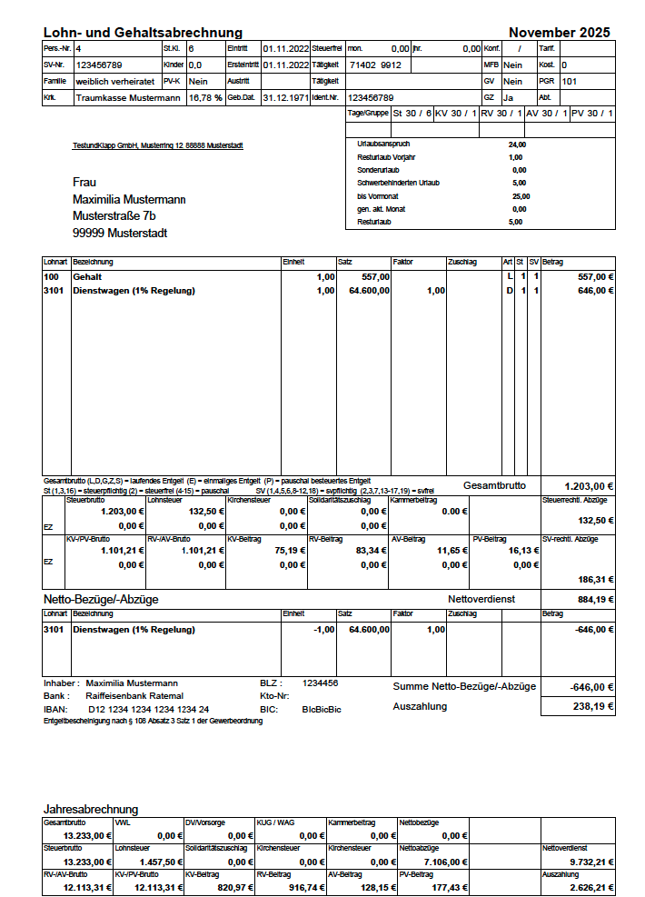 Rechnung mit Details zu Leistungen, Beträgen und Kundendaten, Dezember 2023.