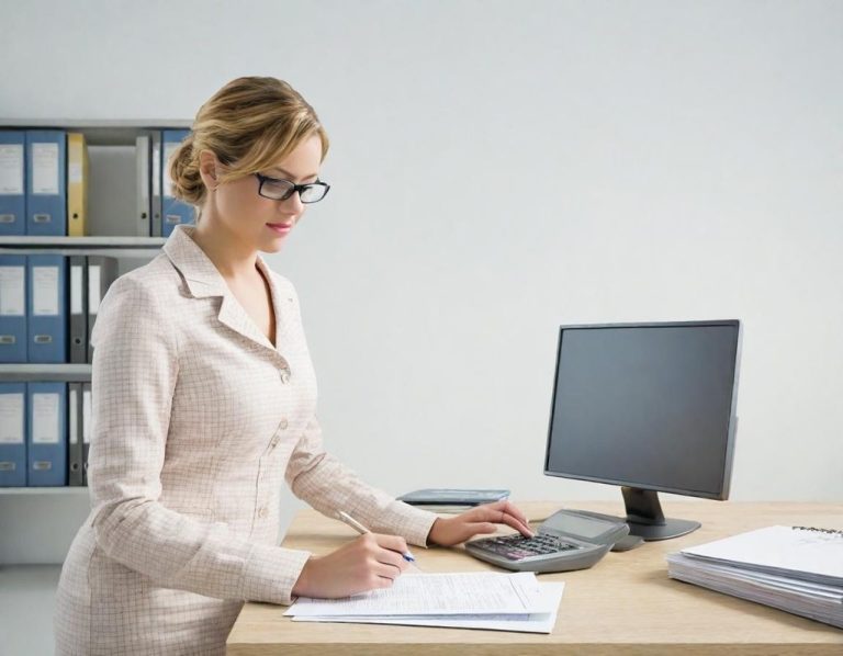 Frau mit Brille steht am Schreibtisch und arbeitet am Computer.